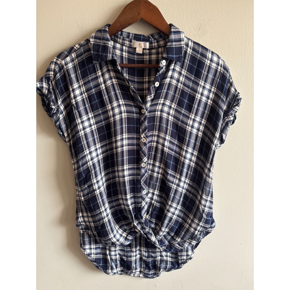 C Navy Blue White Plaid Front Knot Button Down Short Sleeve Shirt S